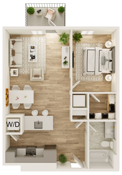 Floor plan for 1 bed, 1 bath, 722 sqft